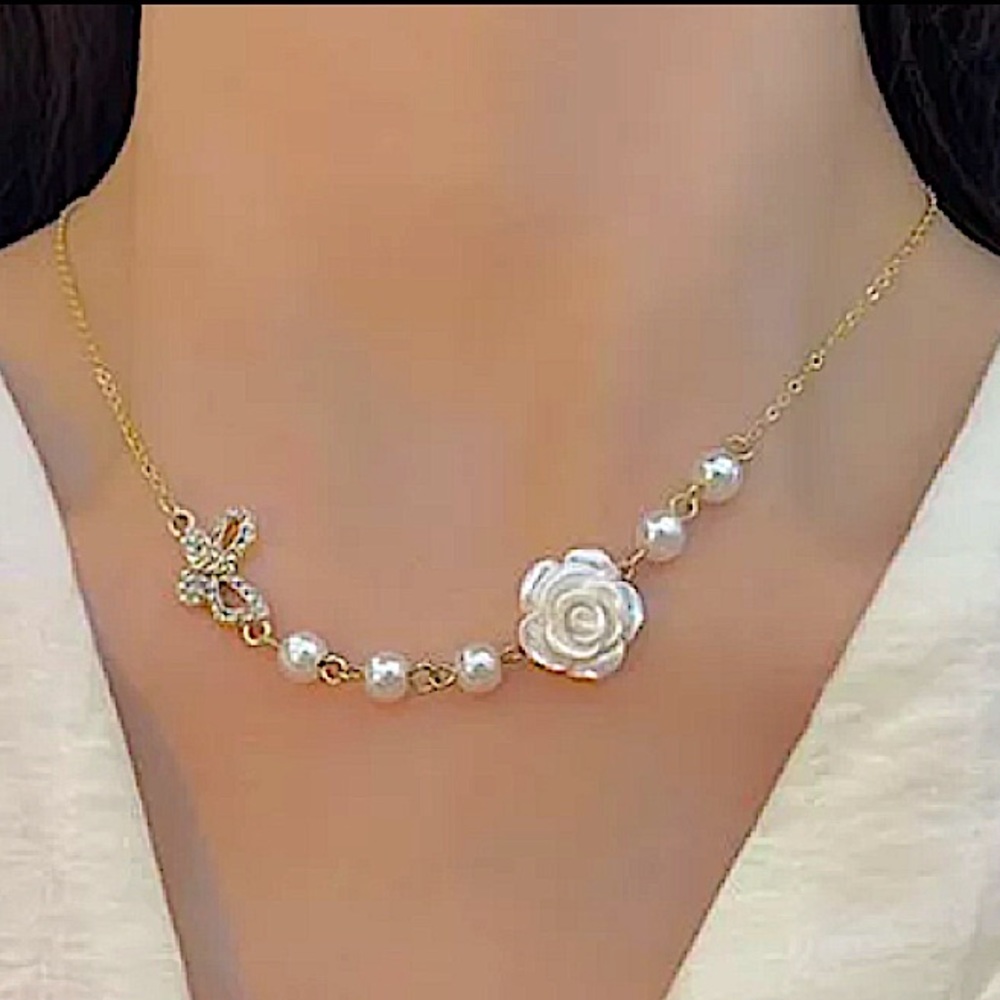 Rose Flower Pearl Bow Tie Gold Plated Charm Pendant Necklace
